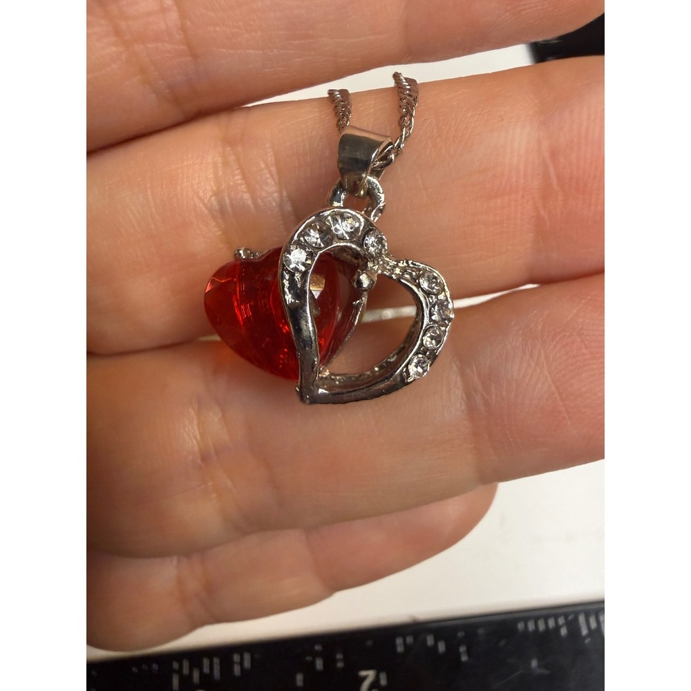 Silver Tone Red Faceted Heart Rhinestone Double Heart Pendant Necklace